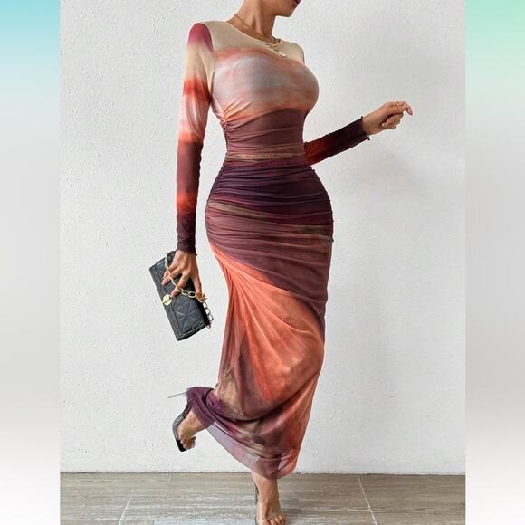 2025 Long Sleeve Maxi Dress Bodycon Ruched Natural Slim Fit TieDye Dress M - Picture 3 of 6